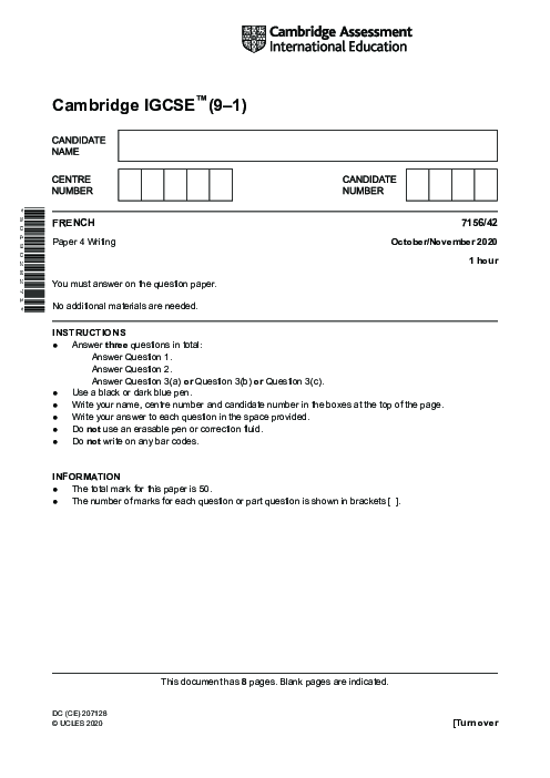 Paper 4, Variant 2, May June 2020 | Cambridge 9–1 GCSE  French (7156) Past Papers