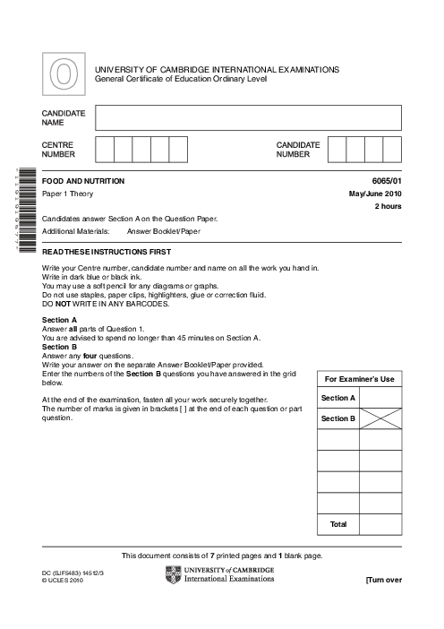 Food & Nutrition 6065/01 Oct Nov 2009