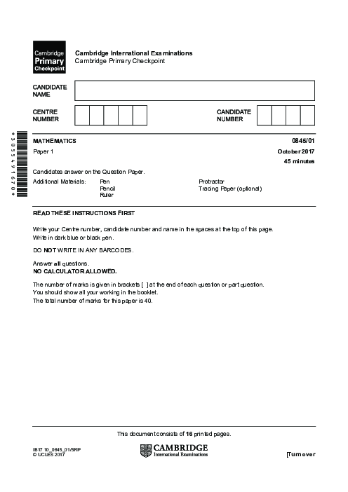 MATHEMATICS 0845,01 October 2017| Cambridge Primary Checkpoint Past Papers and Mark Schemes