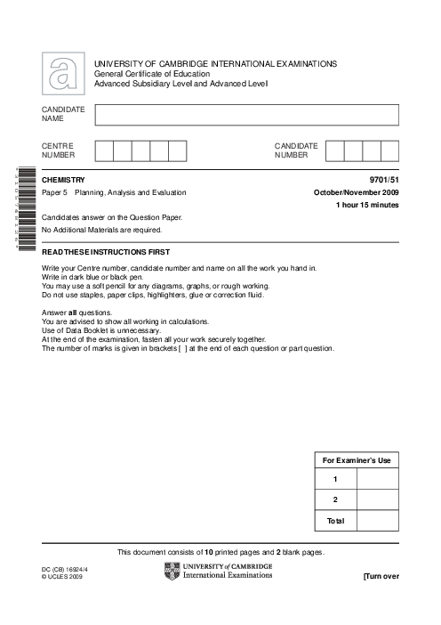 Chemistry 9701/34 Oct Nov 2009 | Cambridge AS Level Past Papers With Mark Scheme