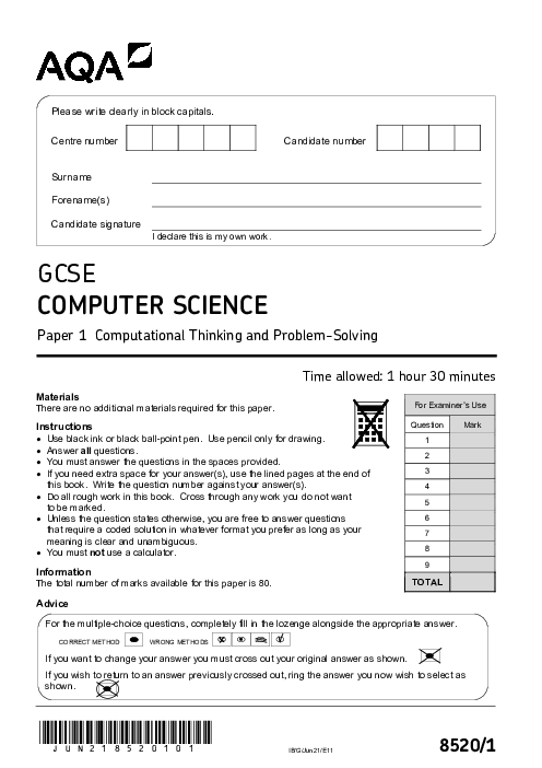 Computer Science 8520/1 June 2021