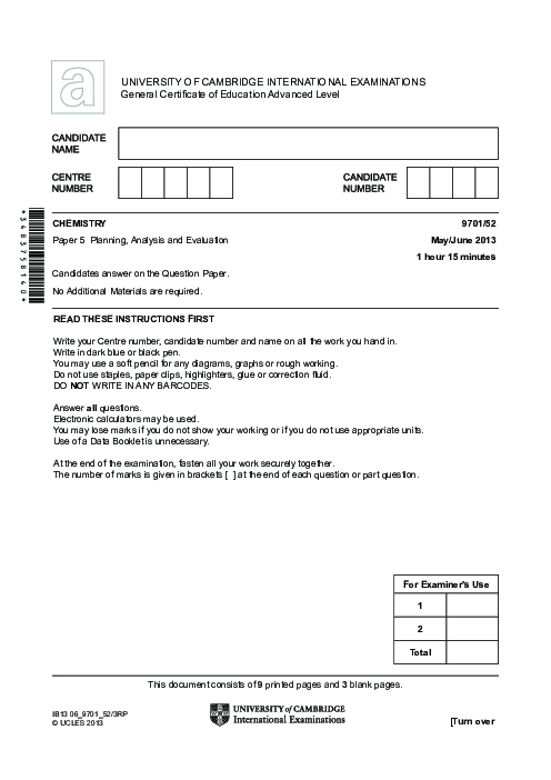 Chemistry 9701/12 Oct Nov 2013 | Cambridge AS Level Past Papers With Mark Scheme