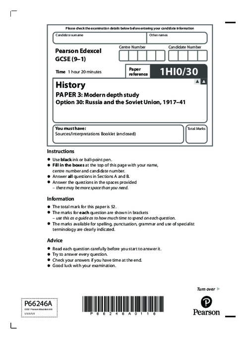  History  1HI0/30 November 2021 | Edexcel  GCSE Past Papers With Mark Scheme