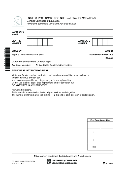 Biology 9700/22 Oct Nov 2009 | Cambridge AS Level Past Papers With Mark Scheme