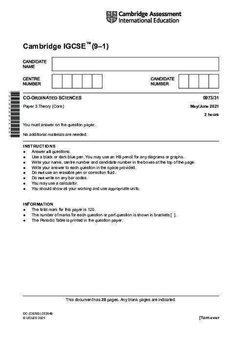 Paper 2, Variant 1, May June 2021 | Cambridge 9–1 GCSE  Sciences - Co-ordinated (0973) Past Papers