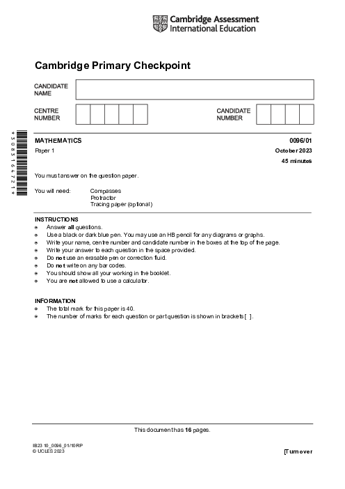 MATHEMATICS 0096,01 October 2023 | Cambridge Primary Checkpoint Past Papers with Mark Schemes