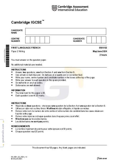 French First Language 0501/02 May June 2024