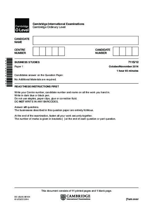 Business Studies 7115/11 Oct Nov 2014