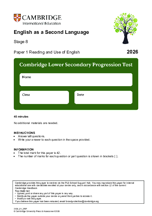 Progression Test Stage 8 English as a Second Language 2026 Paper 1 pdf