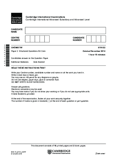 Chemistry 9701/21 Oct Nov 2014 | Cambridge AS Level Past Papers With Mark Scheme