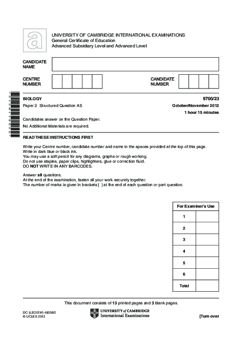 Biology 9700/23 Oct Nov 2012 | Cambridge AS Level Past Papers With Mark Scheme