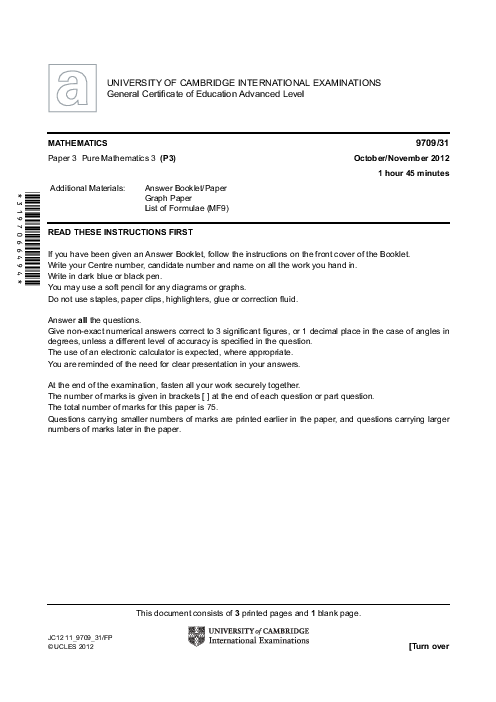 Mathematics 9709/31 Oct Nov 2012 | Cambridge AS & A Level Past Papers With Mark Scheme