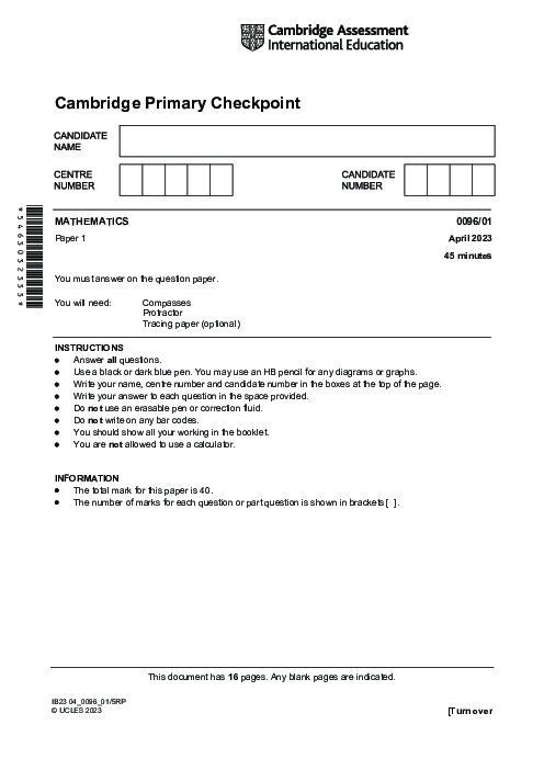 MATHEMATICS 0096,01 April 2023 | Cambridge Primary Checkpoint Past Papers with Mark Schemes