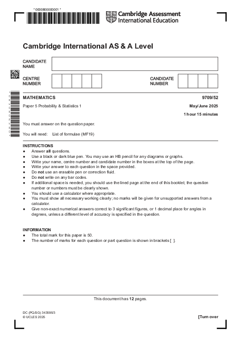 Mathematics 9709/52 May June 2025