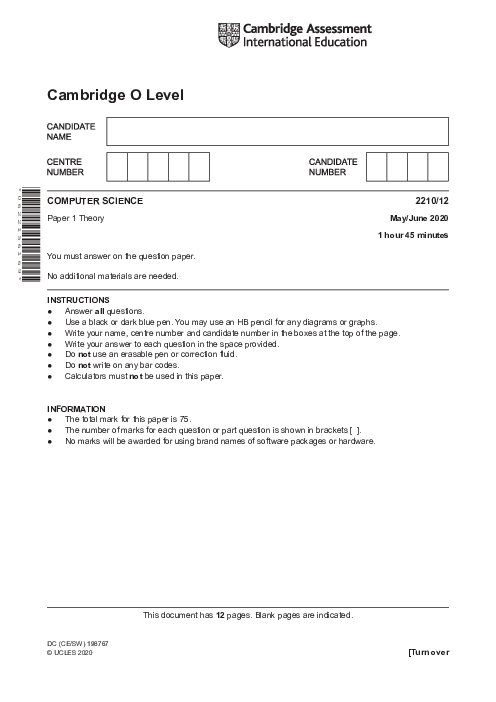  Computer Science 2210/12 May June 2020 | Cambridge O-Level Past Papers With Mark Scheme