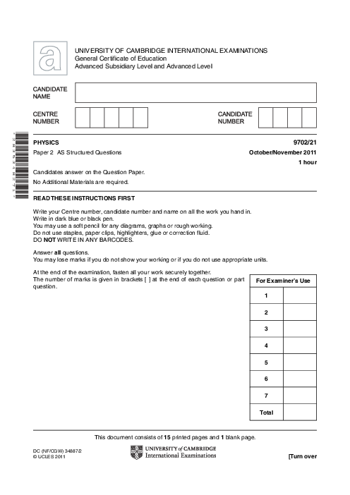 Paper 1, Variant 3, Oct Nov 2011 | Cambridge AS - A Level Physics (9702) Past Papers