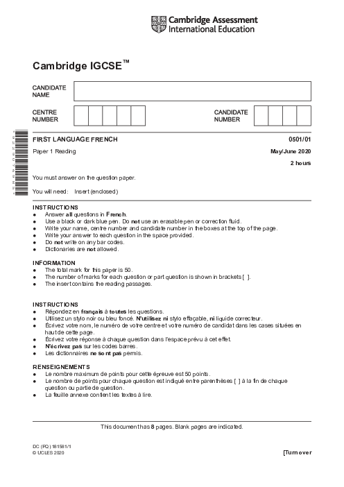 French First Language 0501/01 May June 2020