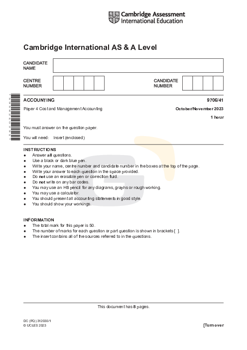 Accounting 9706/41 Oct Nov 2023 | Cambridge AS Level Past Papers With Mark Scheme