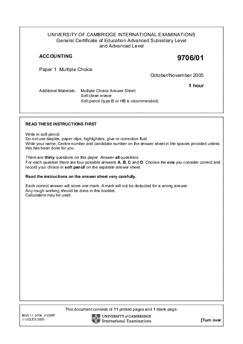 Accounting 9706/01 May June 2005 | Cambridge AS Level Past Papers With Mark Scheme