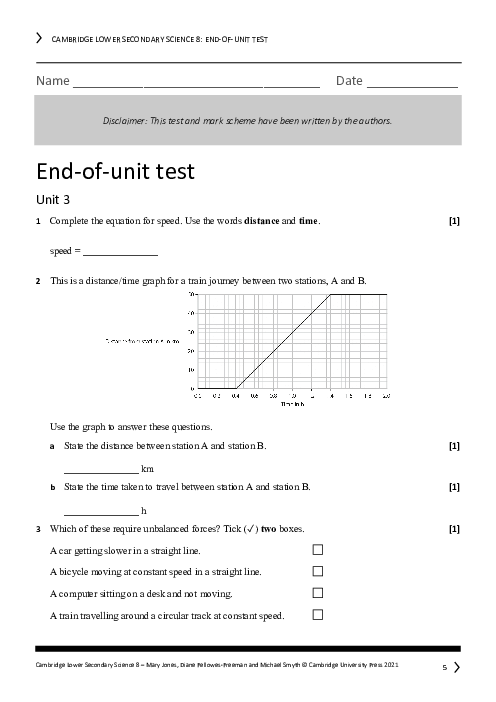 Year 8 Science End of Unit 3 Test - Answers Included