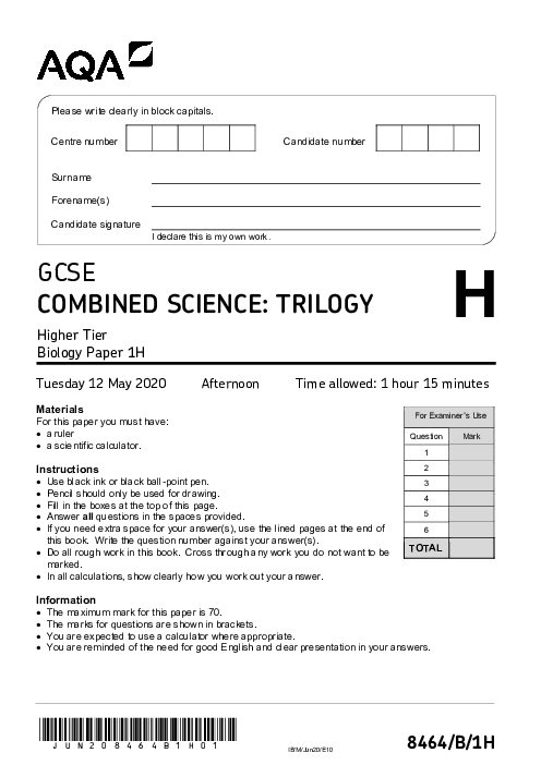 Combined Science 8464/1H June 2020