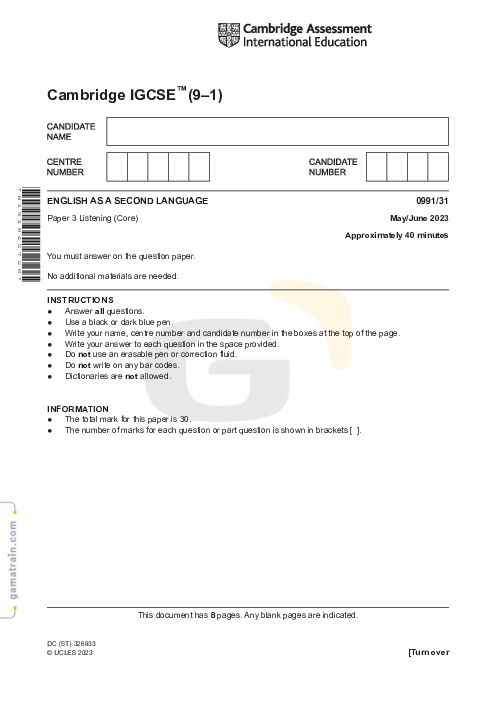 English as a Second Language 0991/31 May June 2023