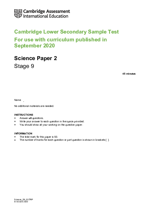 Cambridge Progression Test Stage 9 Science 2020 Paper 2