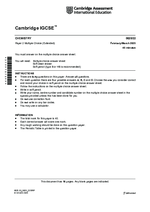 Chemistry 0620/22 March 2025