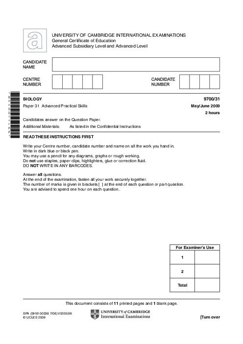 Paper 3, Variant 1, May June 2009 | Cambridge AS - A Level Biology (9700) Past Papers