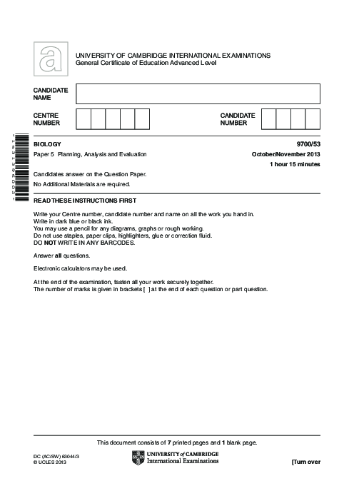 Biology 9700/13 May June 2014 | Cambridge AS Level Past Papers With Mark Scheme