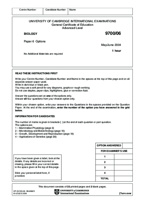 Biology 9700/06 May June 2004 | Cambridge AS Level Past Papers With Mark Scheme