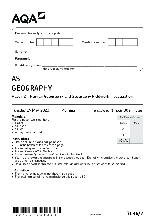 Geography 7036 Paper 2 June 2020, AQA AS-Level Past Papers with Mark Schemes