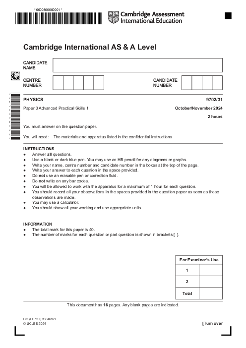 Physics 9702,31 Oct Nov 2024 | Cambridge AS - A Level Past Papers With Mark Scheme