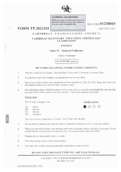 Physics June 2021 Paper 1