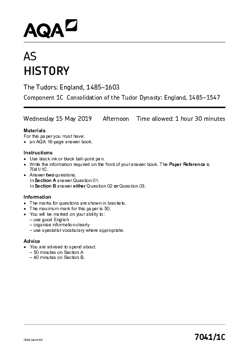 History 7041 Paper 1C June 2019, AQA AS-Level Past Papers with Mark Schemes