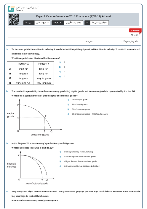 Paper 1 October/November 2016 Economics (9708/11) A Level