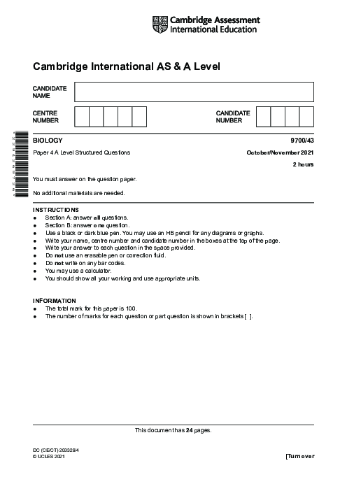 Paper 4, Variant 2, Oct Nov 2021 | Cambridge AS - A Level Biology (9700) Past Papers