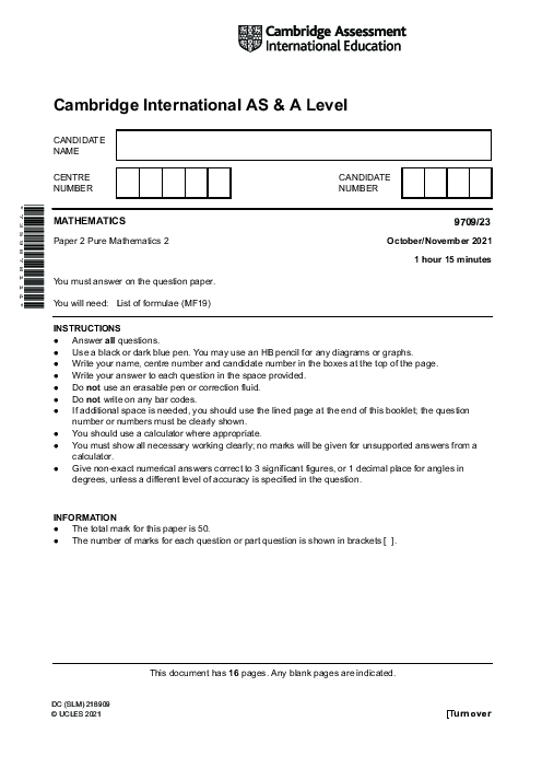 Mathematics 9709/11 Oct Nov 2021 | Cambridge AS & A Level Past Papers With Mark Scheme