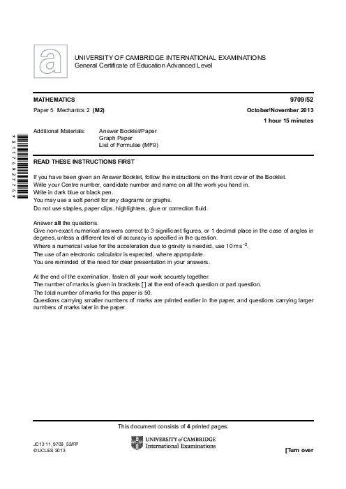 Mathematics 9709/52 Oct Nov 2013 | Cambridge AS & A Level Past Papers With Mark Scheme