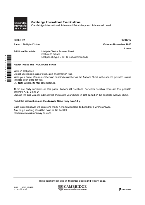 Biology 9700/11 Oct Nov 2015 | Cambridge AS Level Past Papers With Mark Scheme