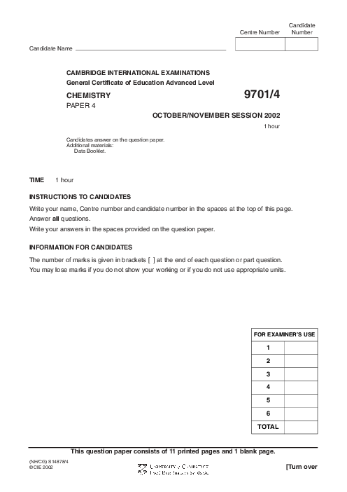 Chemistry 9701/02 Oct Nov 2002 | Cambridge AS Level Past Papers With Mark Scheme