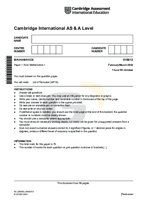 Paper 1, Variant 2, March 2024 | Cambridge AS - A Level Mathematics (9709) Past Papers