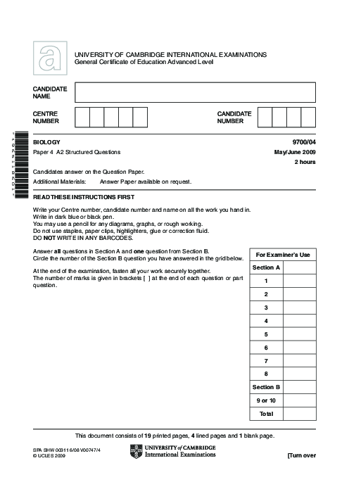 Paper 4, May June 2009 | Cambridge AS - A Level Biology (9700) Past Papers