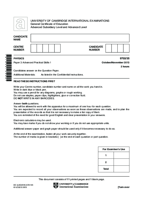 Paper 3, Variant 1, Oct Nov 2013 | Cambridge AS - A Level Physics (9702) Past Papers