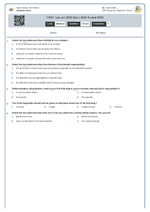 7162/1 Law Jun 2020 Quiz | AQA A Level MCQ