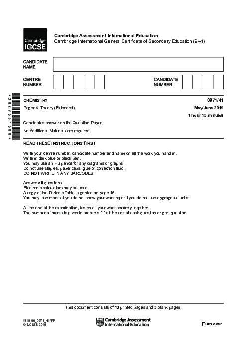 Paper 4, Variant 2, May June 2019 | Cambridge 9–1 GCSE  Chemistry (0971) Past Papers