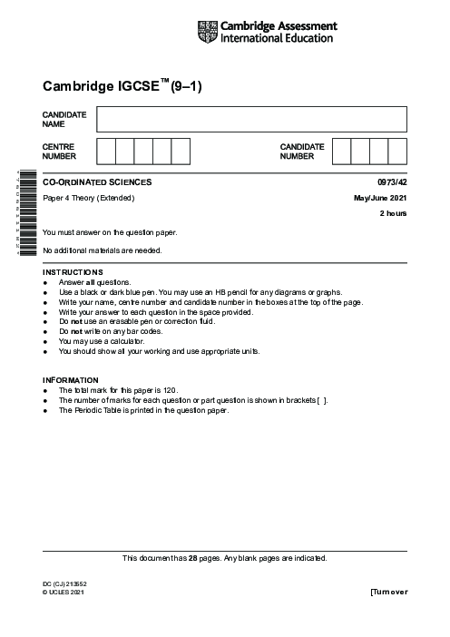 Paper 4, Variant 2, May June 2021 | Cambridge 9–1 GCSE  Sciences - Co-ordinated (0973) Past Papers