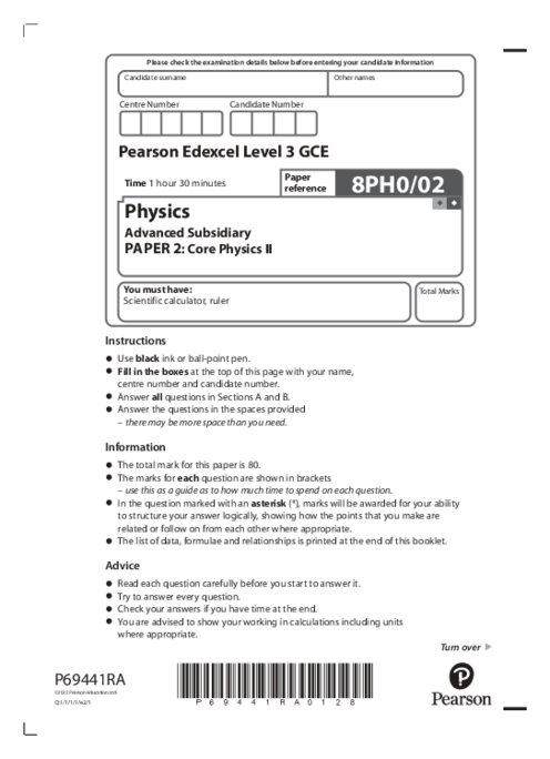  Physics 8PH0/02 May June  2022 | Edexcel  AS Level Past Papers With Mark Scheme