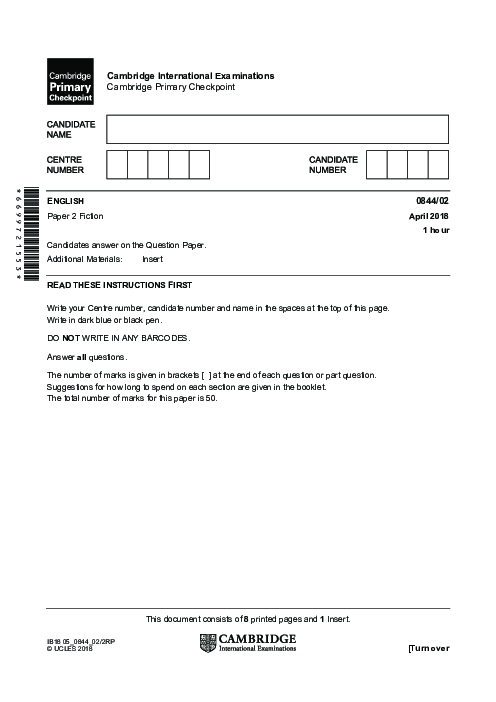 ENGLISH 0844,02April 2018 | Cambridge Primary Checkpoint Past Papers and Mark Schemes