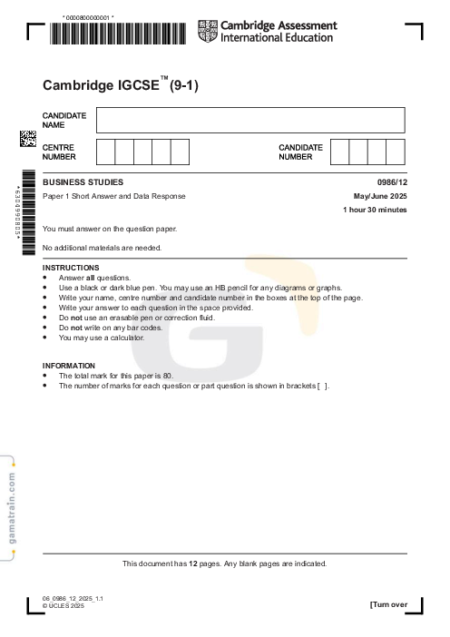 Business Studies 0986/12 May June 2025